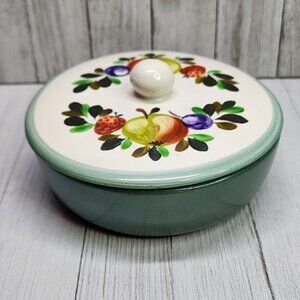 Vtg Brusche Trinket Dish with Painted Fruit Design and Sage Green Base 5.5" DIA